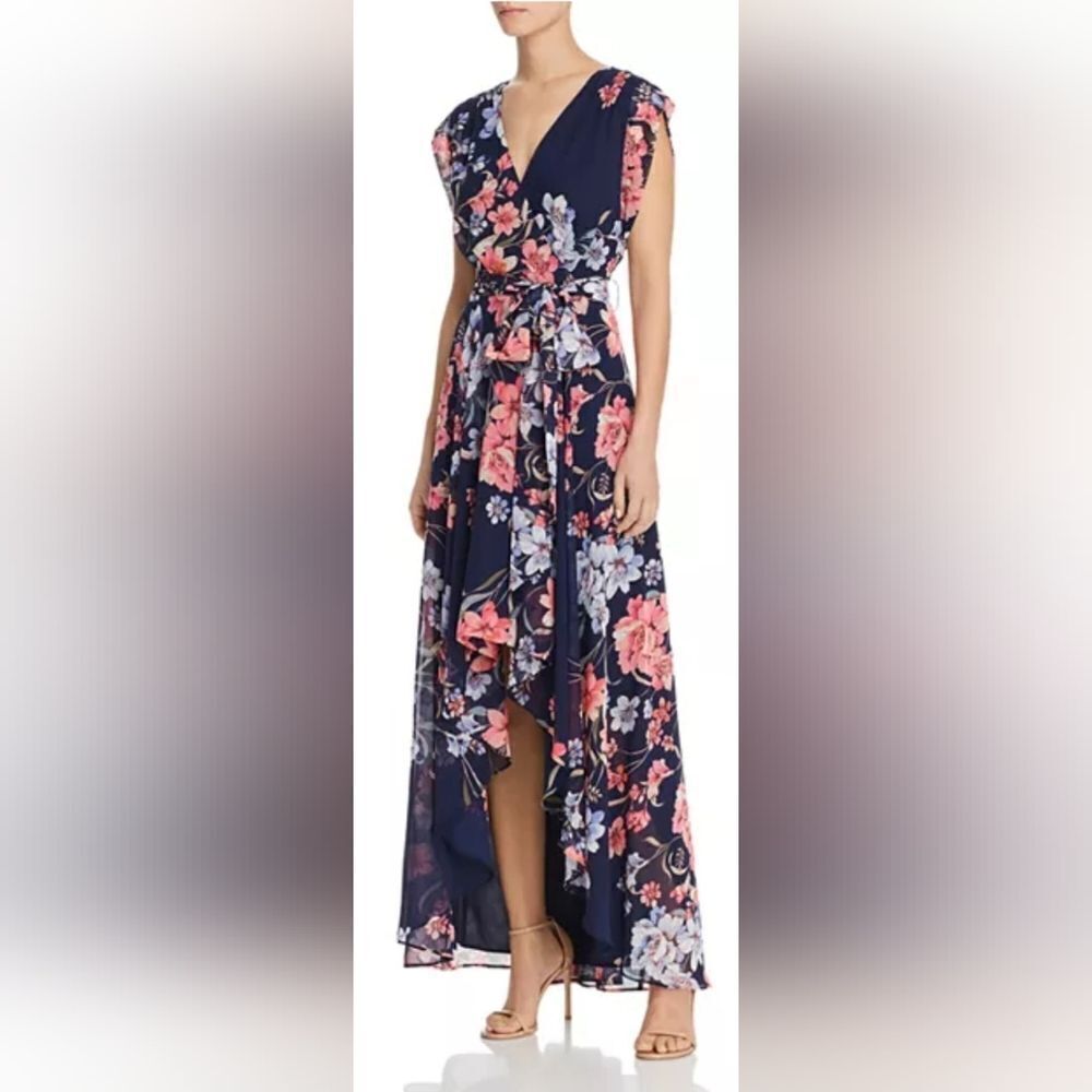 Eliza J Obi Floral Print High/Low Dress NWT Size 8 Blue & Pink